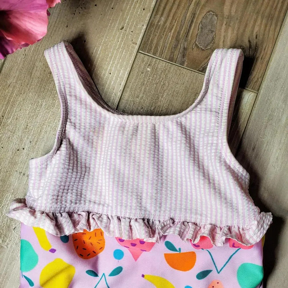 Cat & Jack Purple Striped Fruit Pattern One Piece Swimsuit Toddler Girl Size 2T - Picture 6 of 9